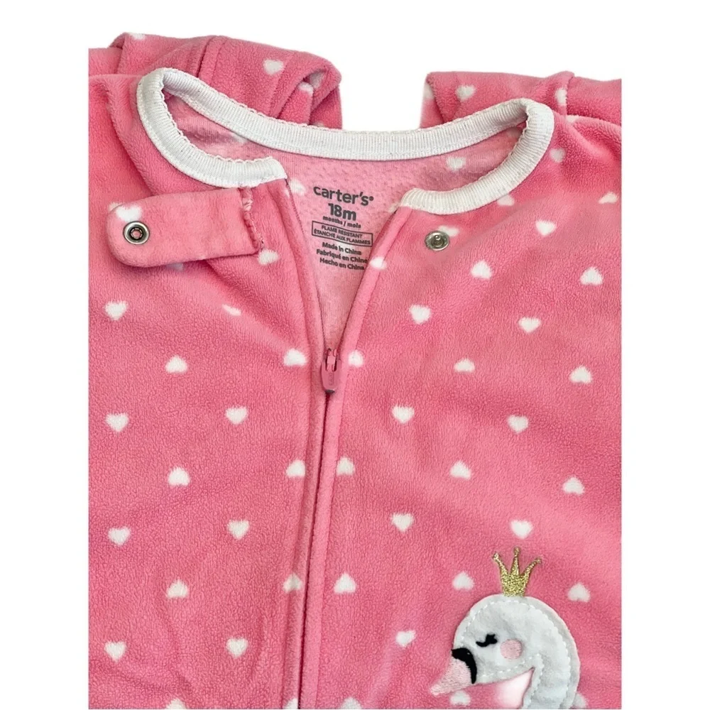 Carter's Fleece Pink Swan Footed Zip-Up Sleeper with White Hearts | Girl 18M